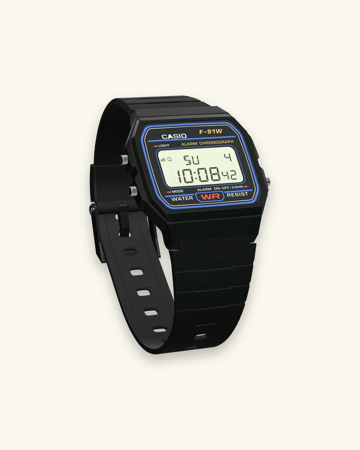 Casio F-91W-1 Classic Black, three-quarter view