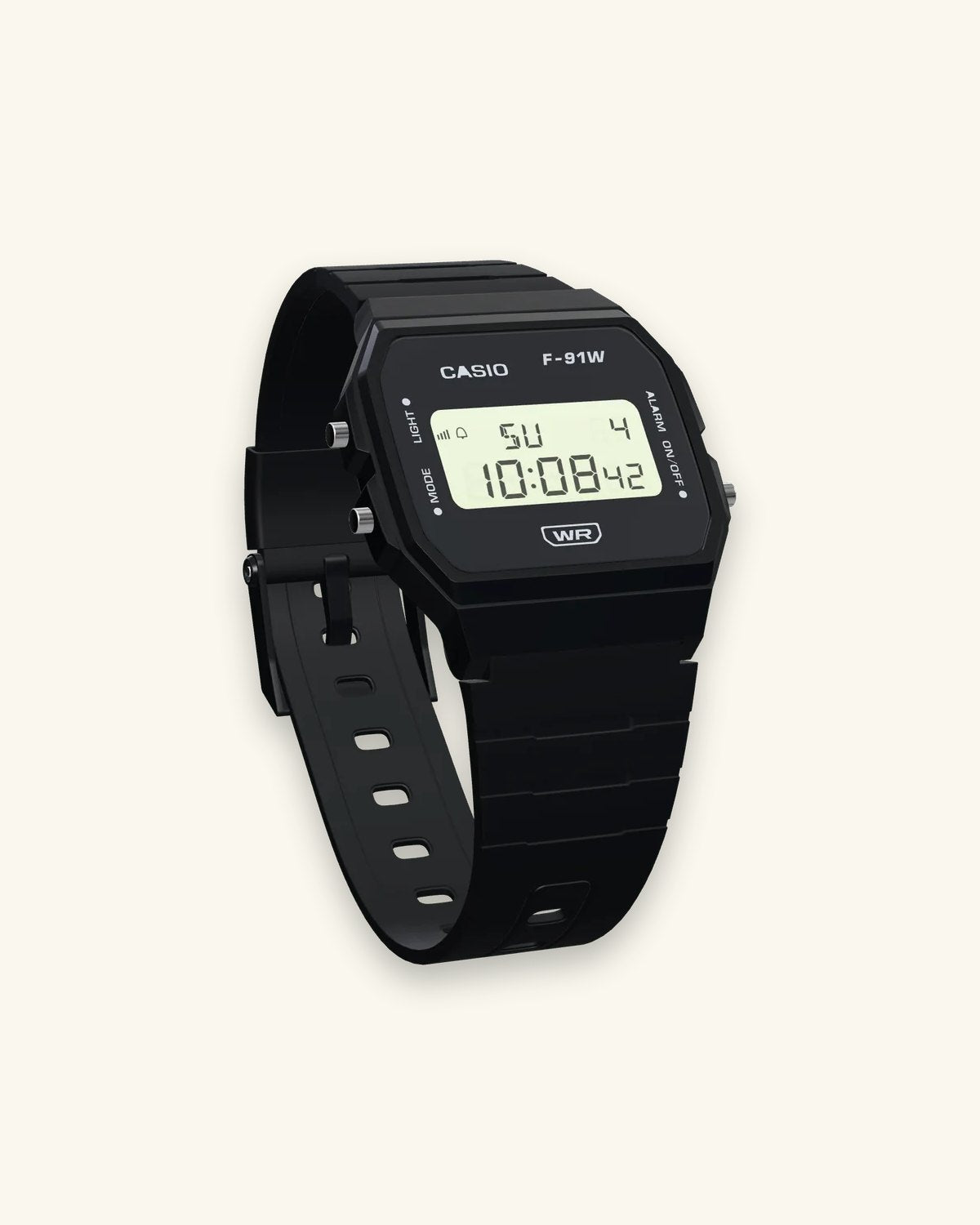 Casio F-91WB-1 Stealth Black, three-quarter view