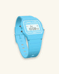 Casio F-91WC-2 Sky Blue, three-quarter view