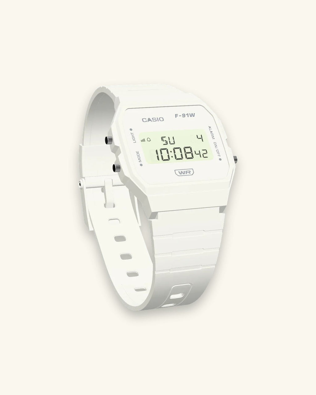 Casio F-91WB-7 Pure White, three-quarter view