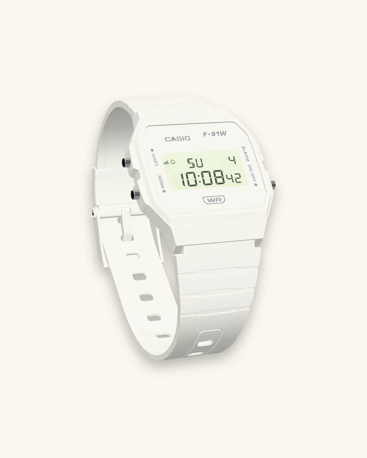 Casio F-91WB-7 Pure White, three-quarter view