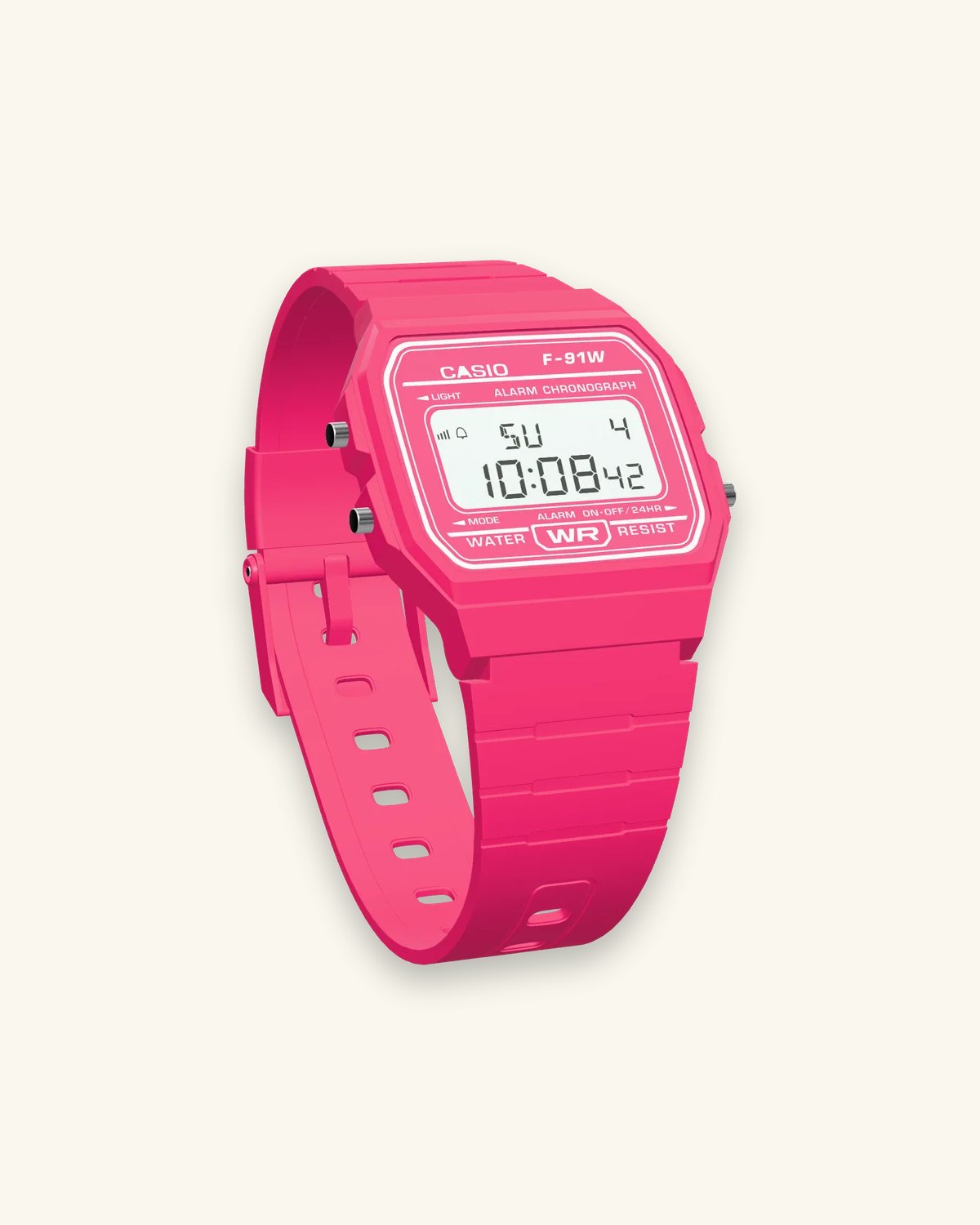 Casio F-91WC-4 Hot Pink, three-quarter view