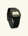 Casio F-91WG-9 Black & Gold, three-quarter view