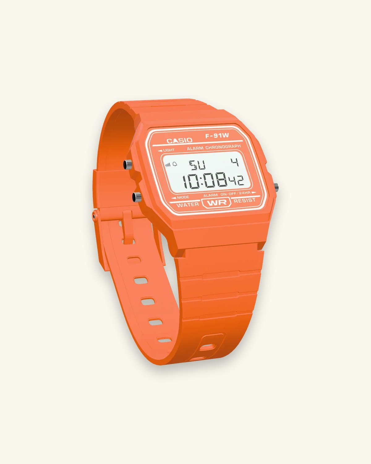 Casio F-91WC-4A2 Tangerine, three-quarter view