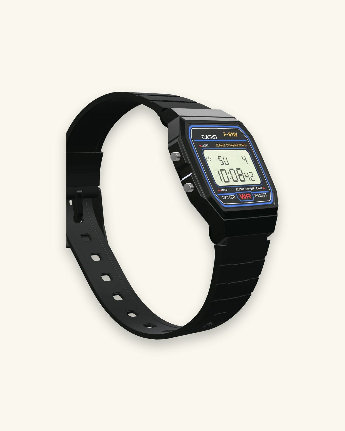 Casio F-91W-1 Classic Black, right side with the alarm button
