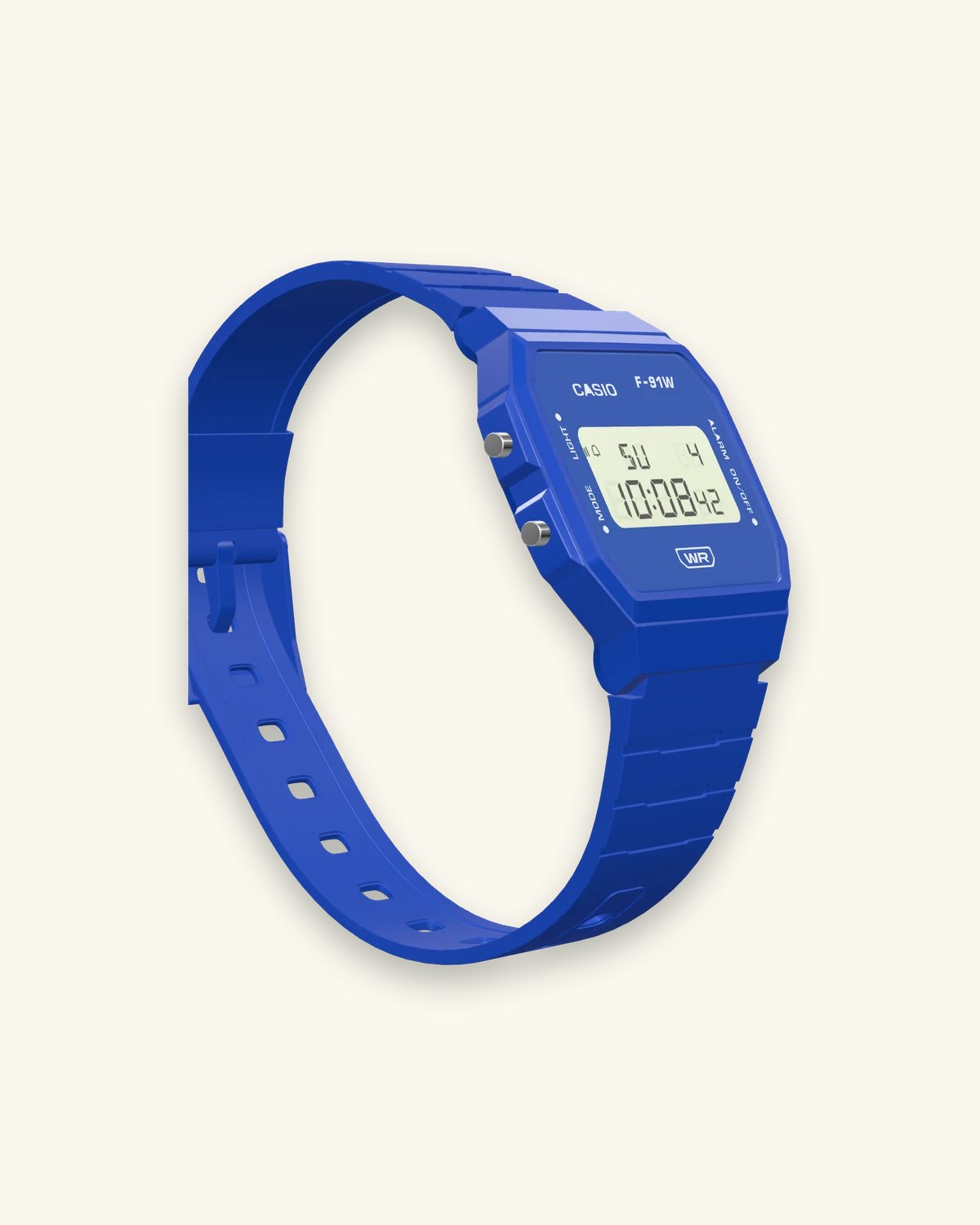 Casio F-91WB-2 Navy Blue, right side with the alarm button