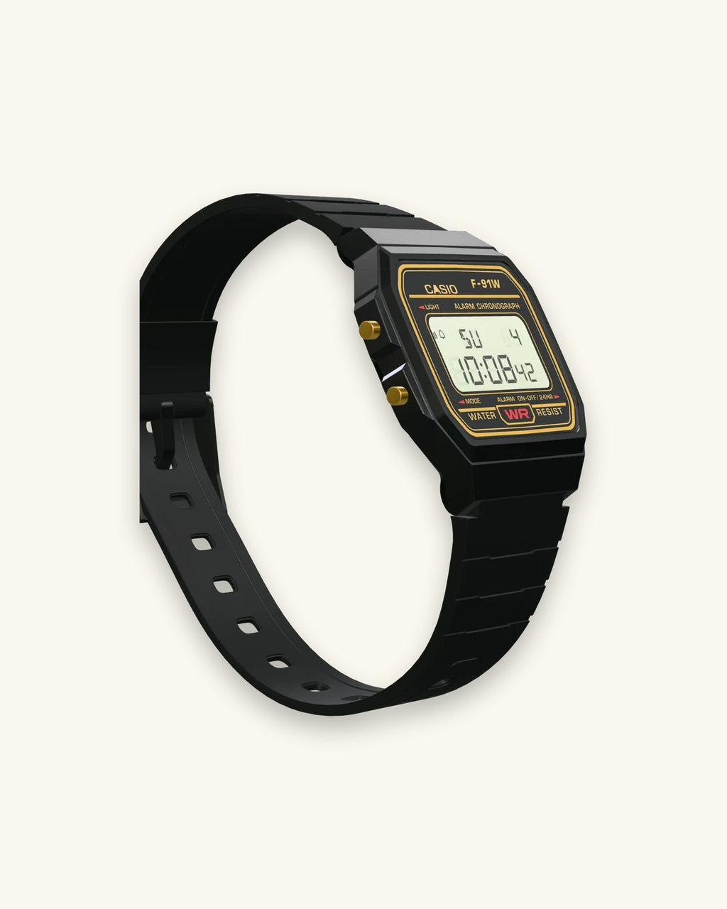 Casio F-91WG-9 Black & Gold, right side with the alarm button
