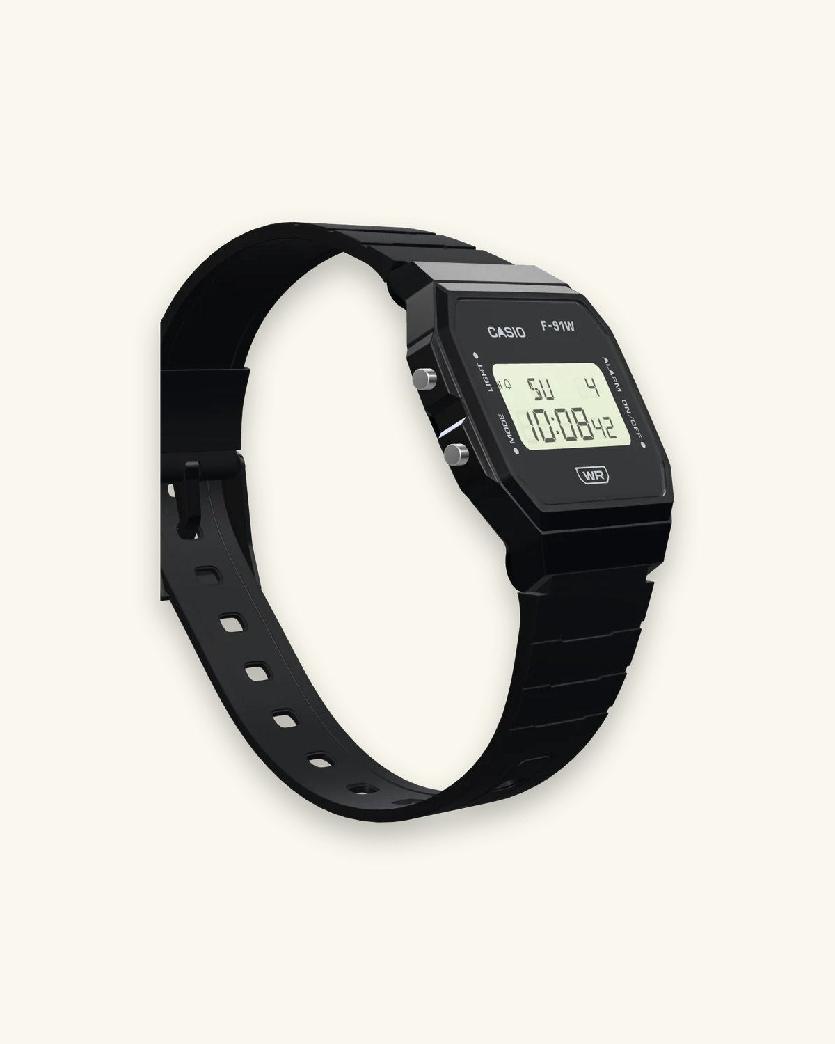 Casio F-91WB-1 Stealth Black, right side with the alarm button