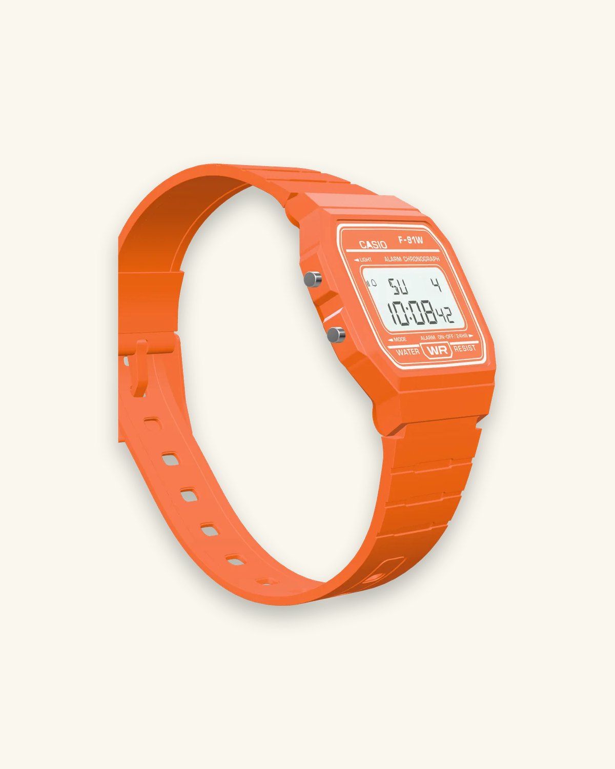 Casio F-91WC-4A2 Tangerine, right side with the alarm button