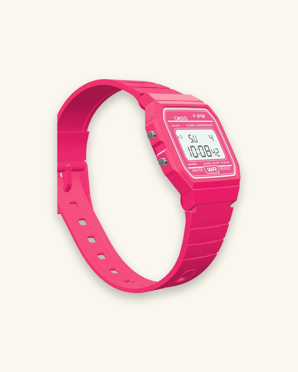 Casio F-91WC-4 Hot Pink, right side with the alarm button