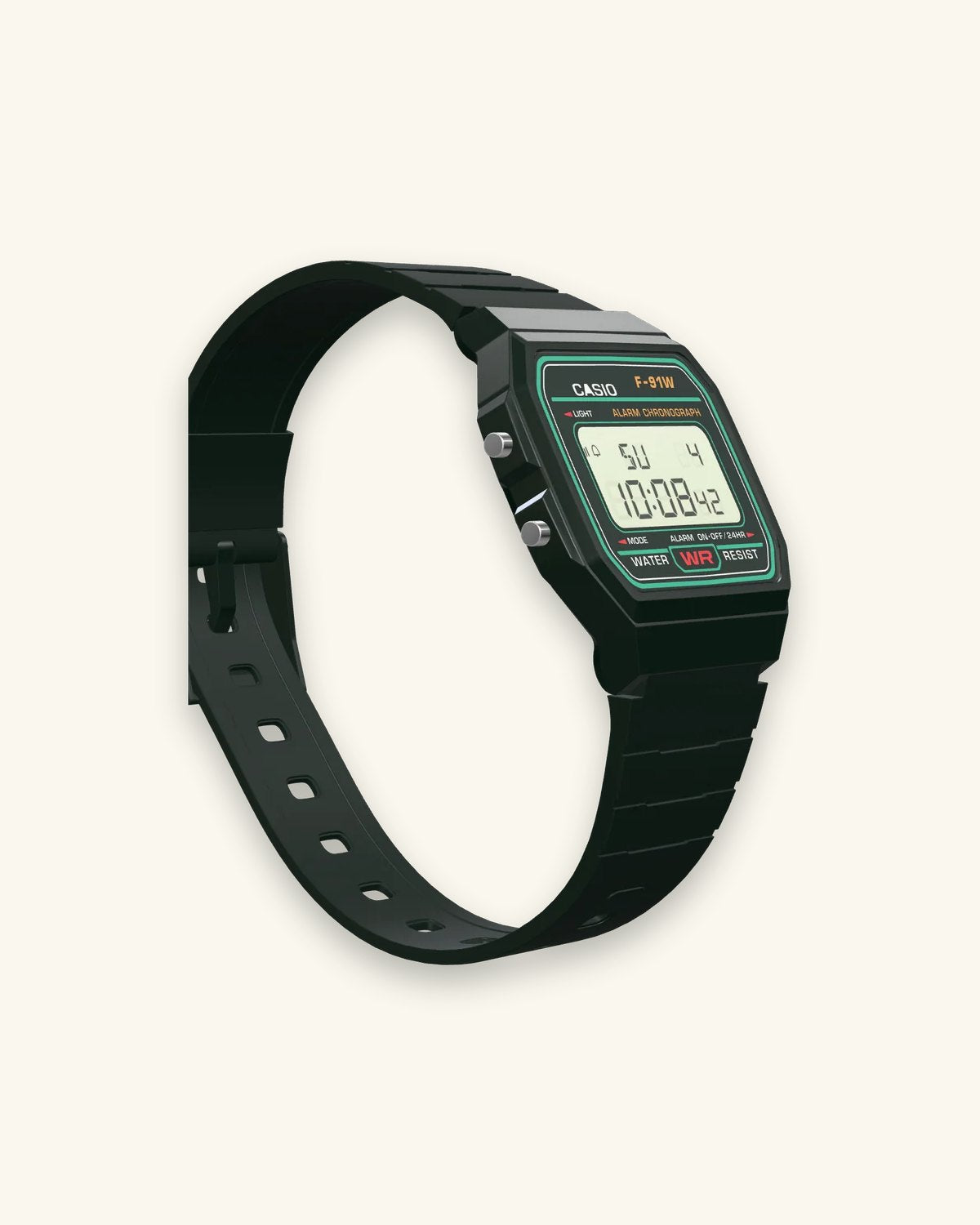 Casio F-91W-3 Deep Forest, right side with the alarm button