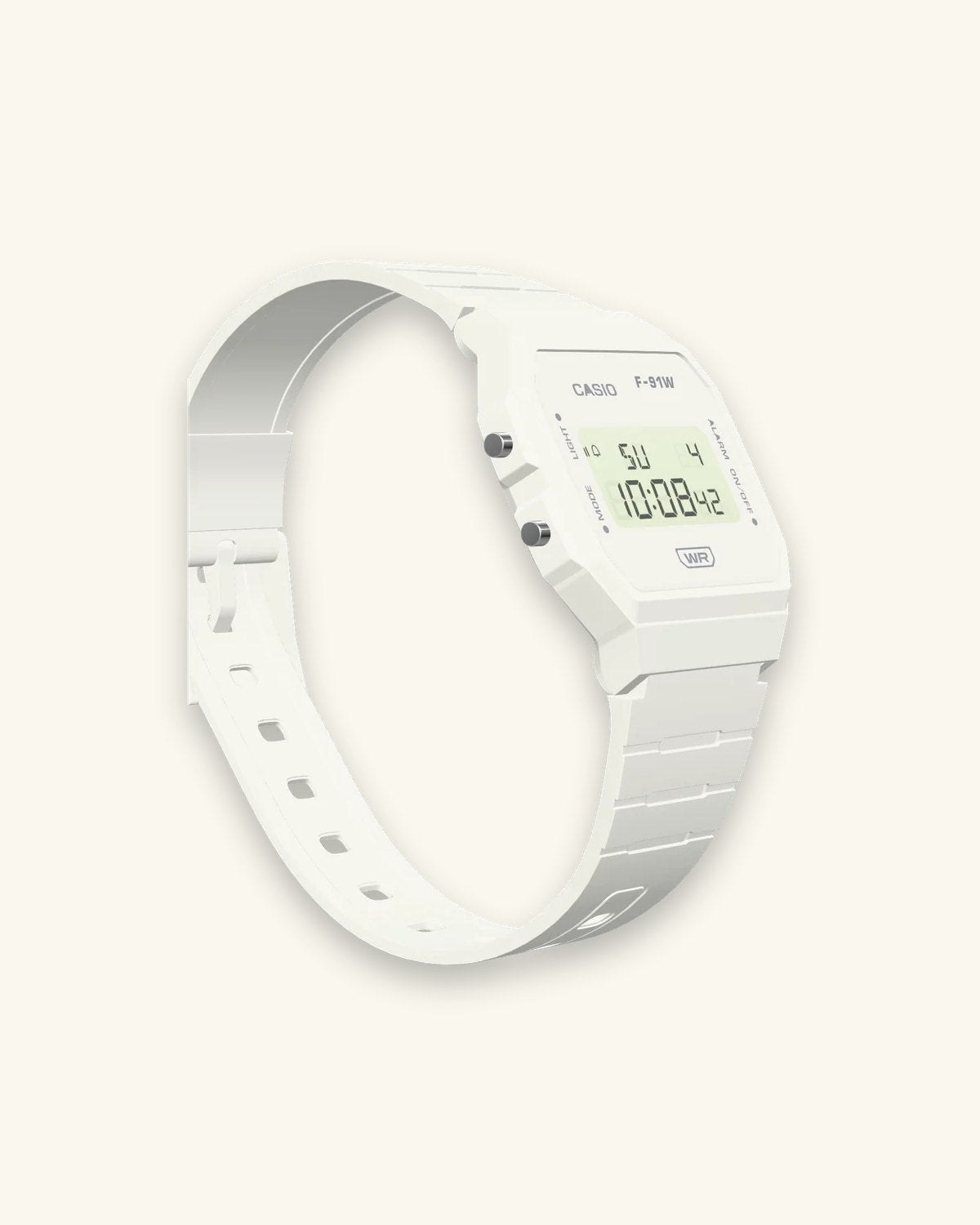 Casio F-91WB-7 Pure White, right side with the alarm button