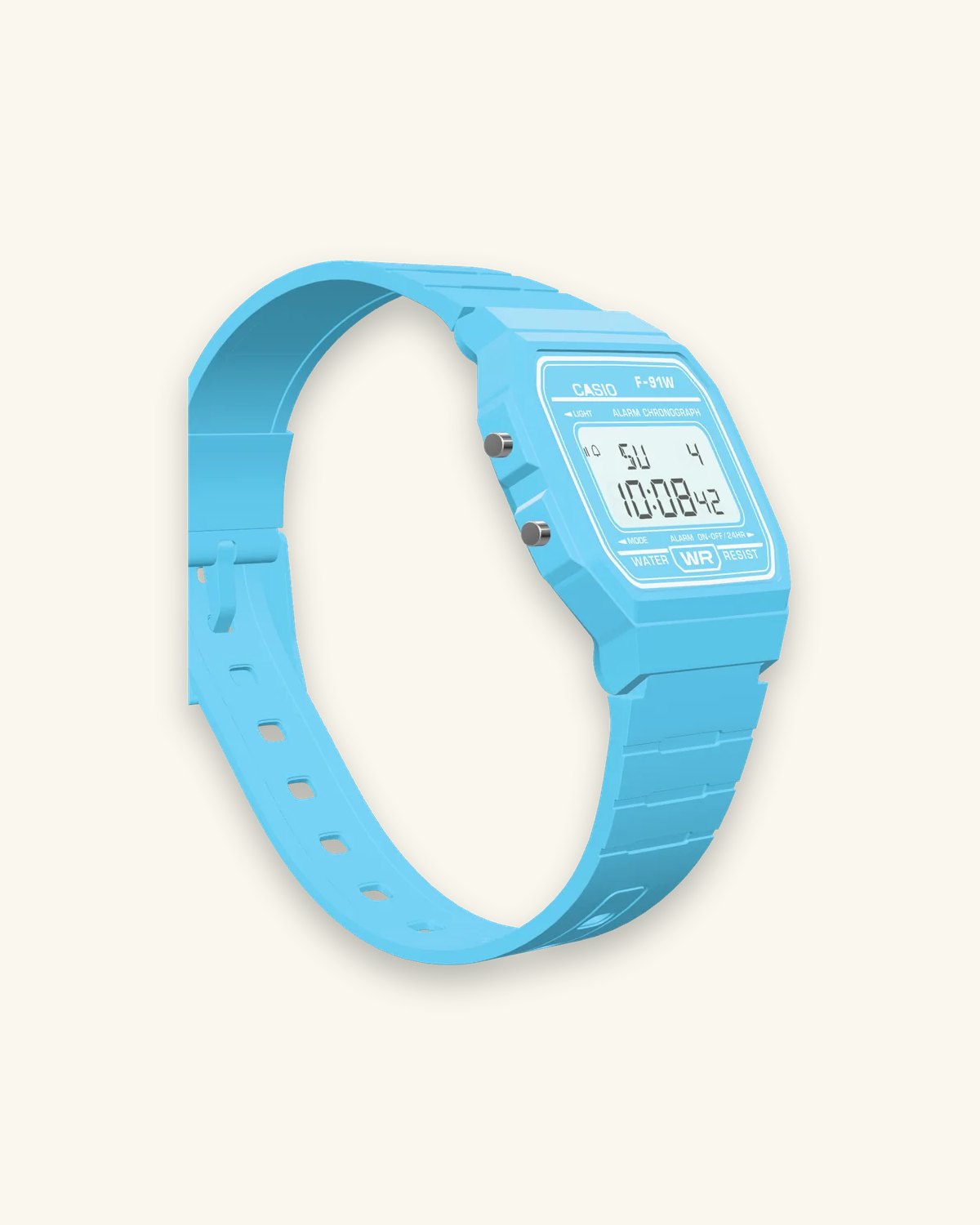 Casio F-91WC-2 Sky Blue, right side with the alarm button