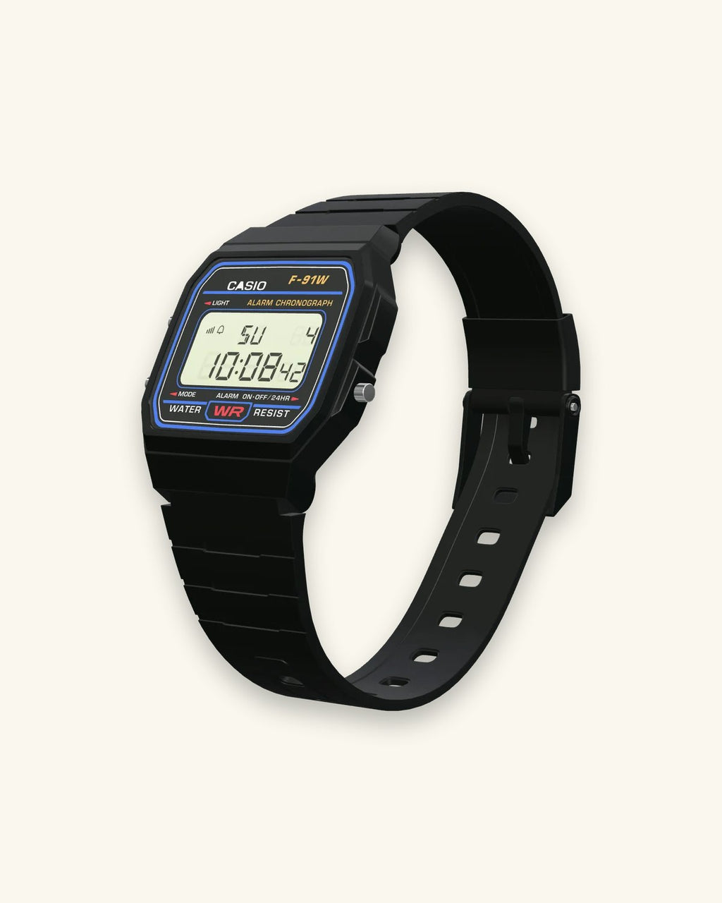 Casio F-91W-1 Classic Black, left side with the LIGHT and MODE buttons