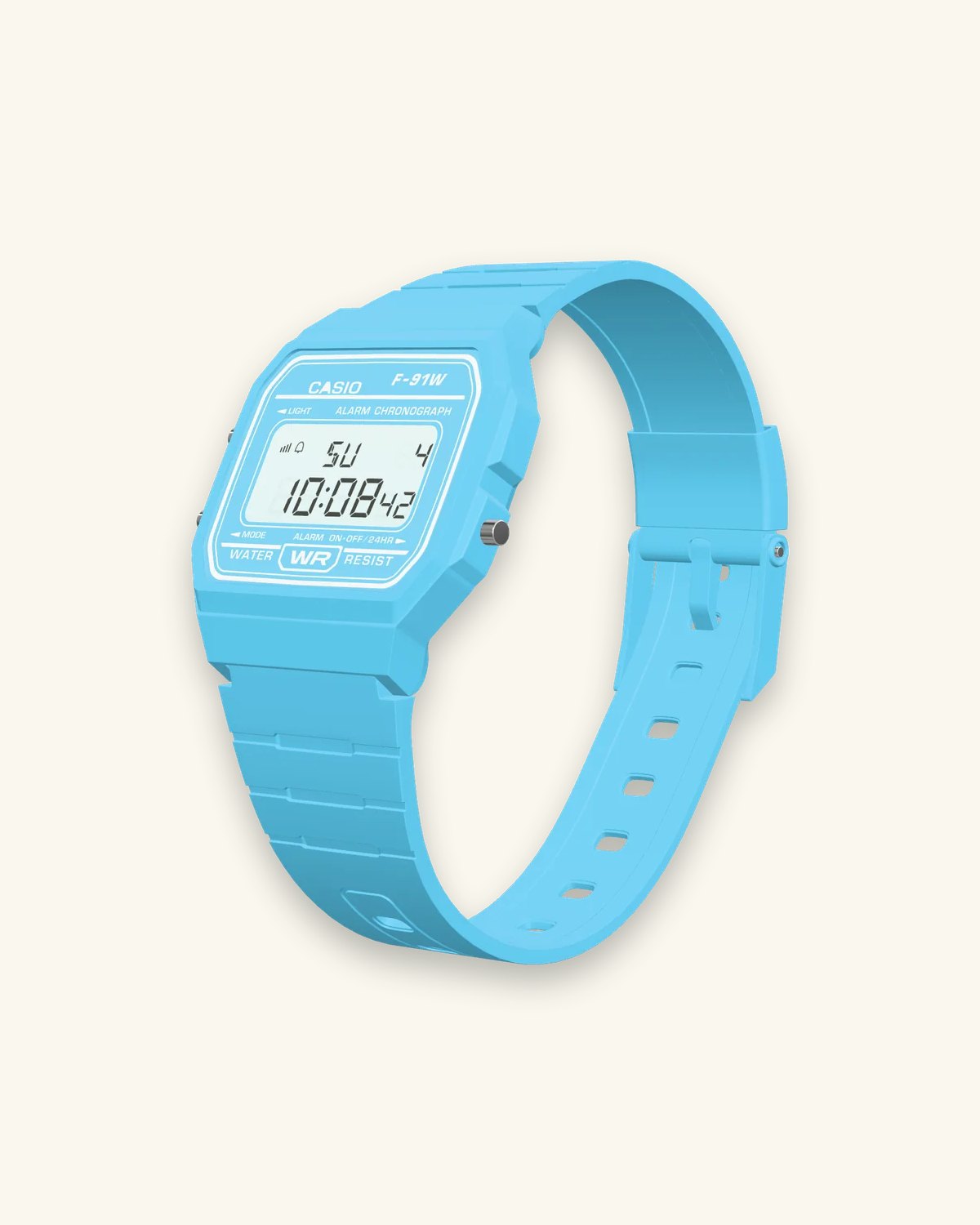 Casio F-91WC-2 Sky Blue, left side with the LIGHT and MODE buttons