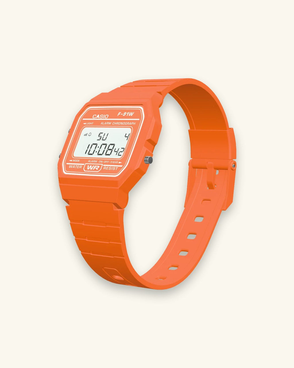 Casio F-91WC-4A2 Tangerine, left side with the LIGHT and MODE buttons