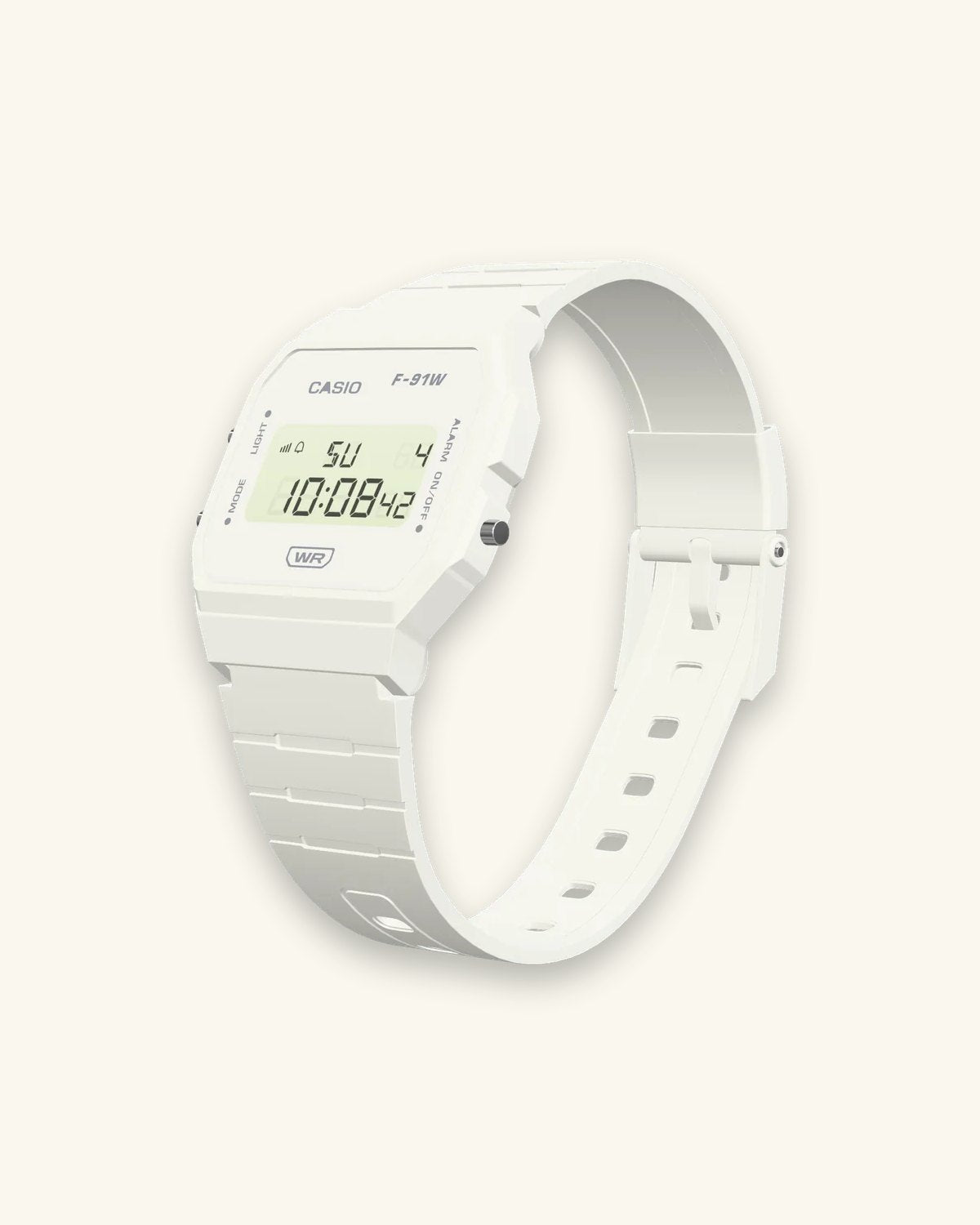 Casio F-91WB-7 Pure White, left side with the LIGHT and MODE buttons
