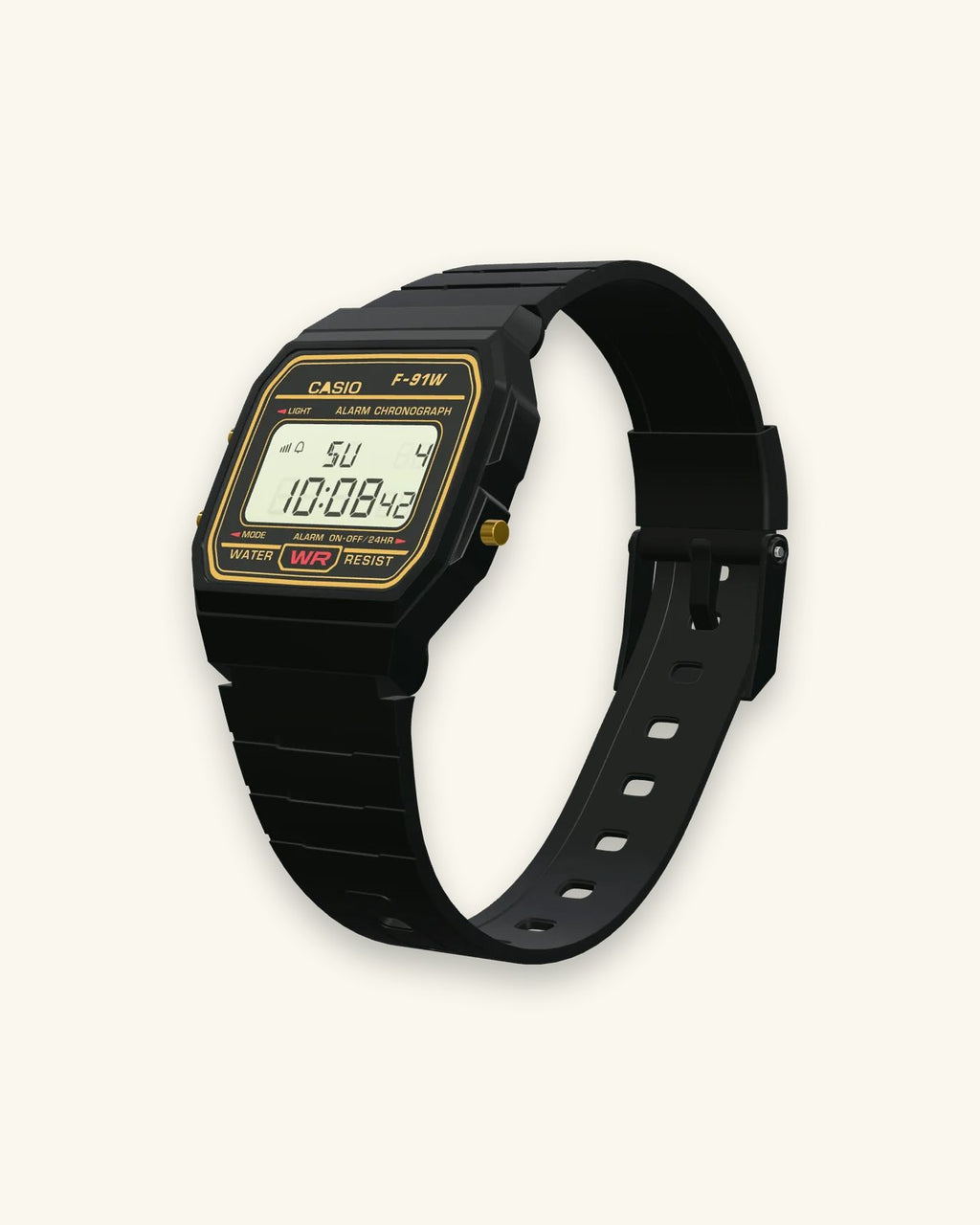 Casio F-91WG-9 Black & Gold, left side with the LIGHT and MODE buttons