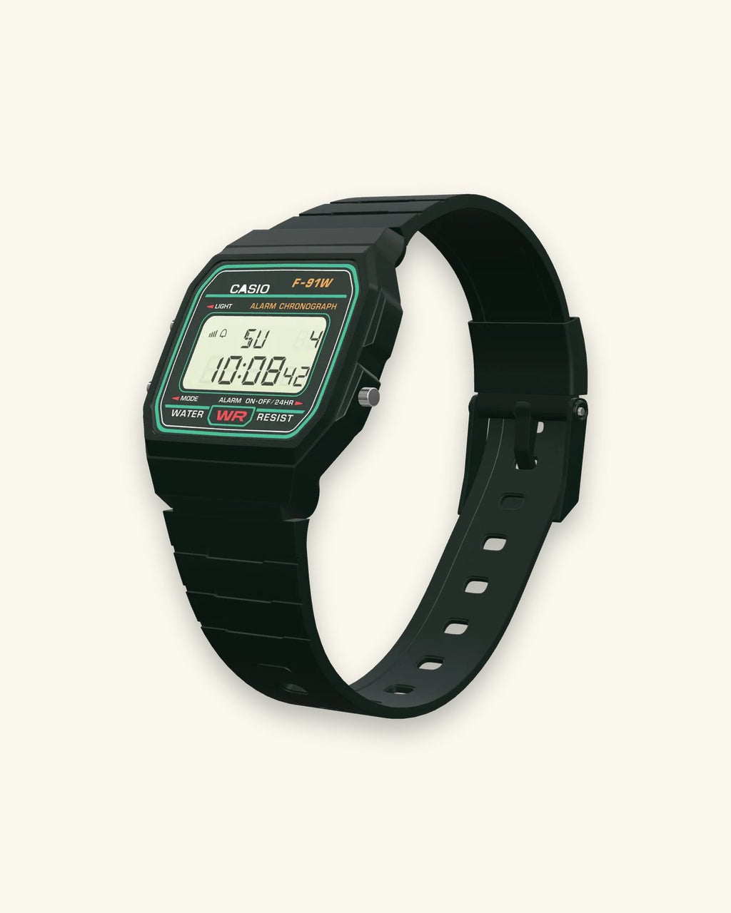 Casio F-91W-3 Deep Forest, left side with the LIGHT and MODE buttons