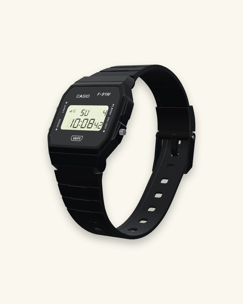 Casio F-91WB-1 Stealth Black, left side with the LIGHT and MODE buttons