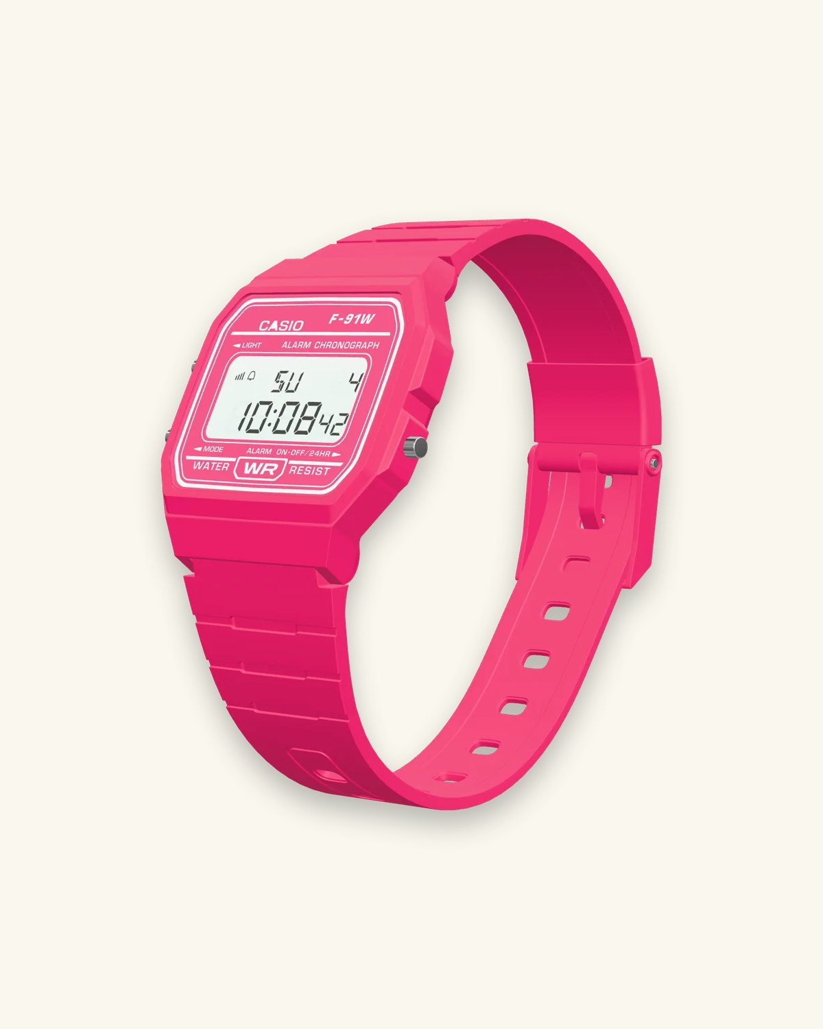 Casio F-91WC-4 Hot Pink, left side with the LIGHT and MODE buttons