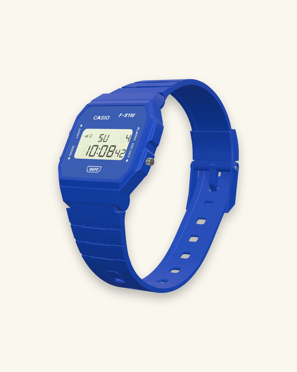 Casio F-91WB-2 Navy Blue, left side with the LIGHT and MODE buttons