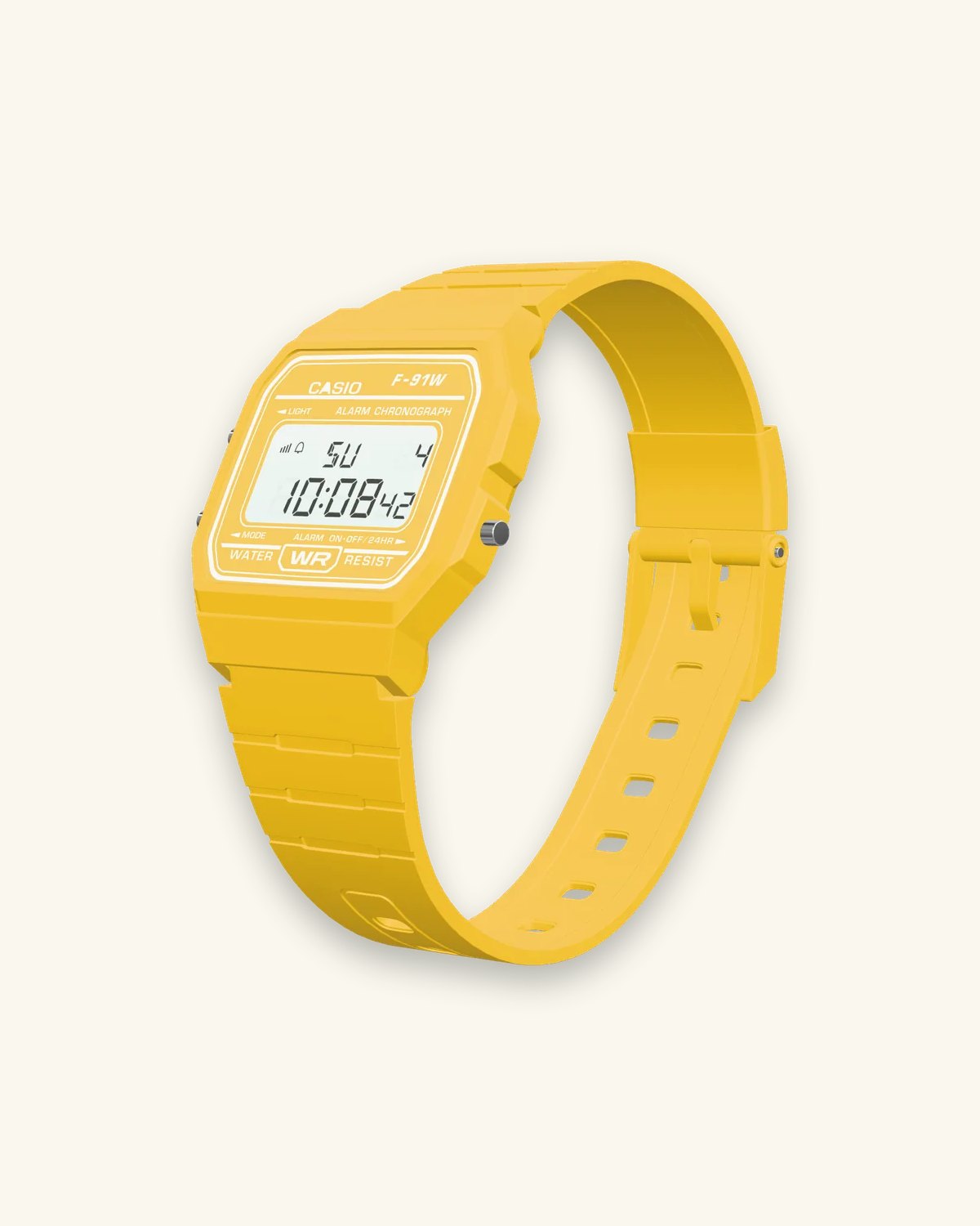 Casio F-91WC-9 Sunflower, left side with the LIGHT and MODE buttons