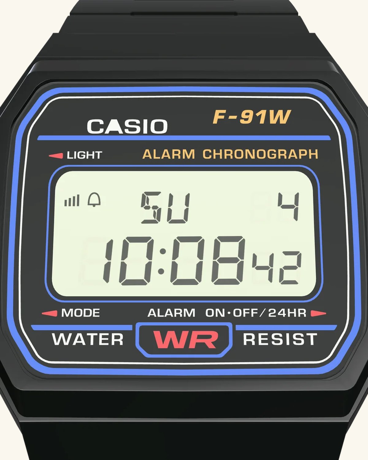 Casio F-91W-1 Classic Black, display close-up