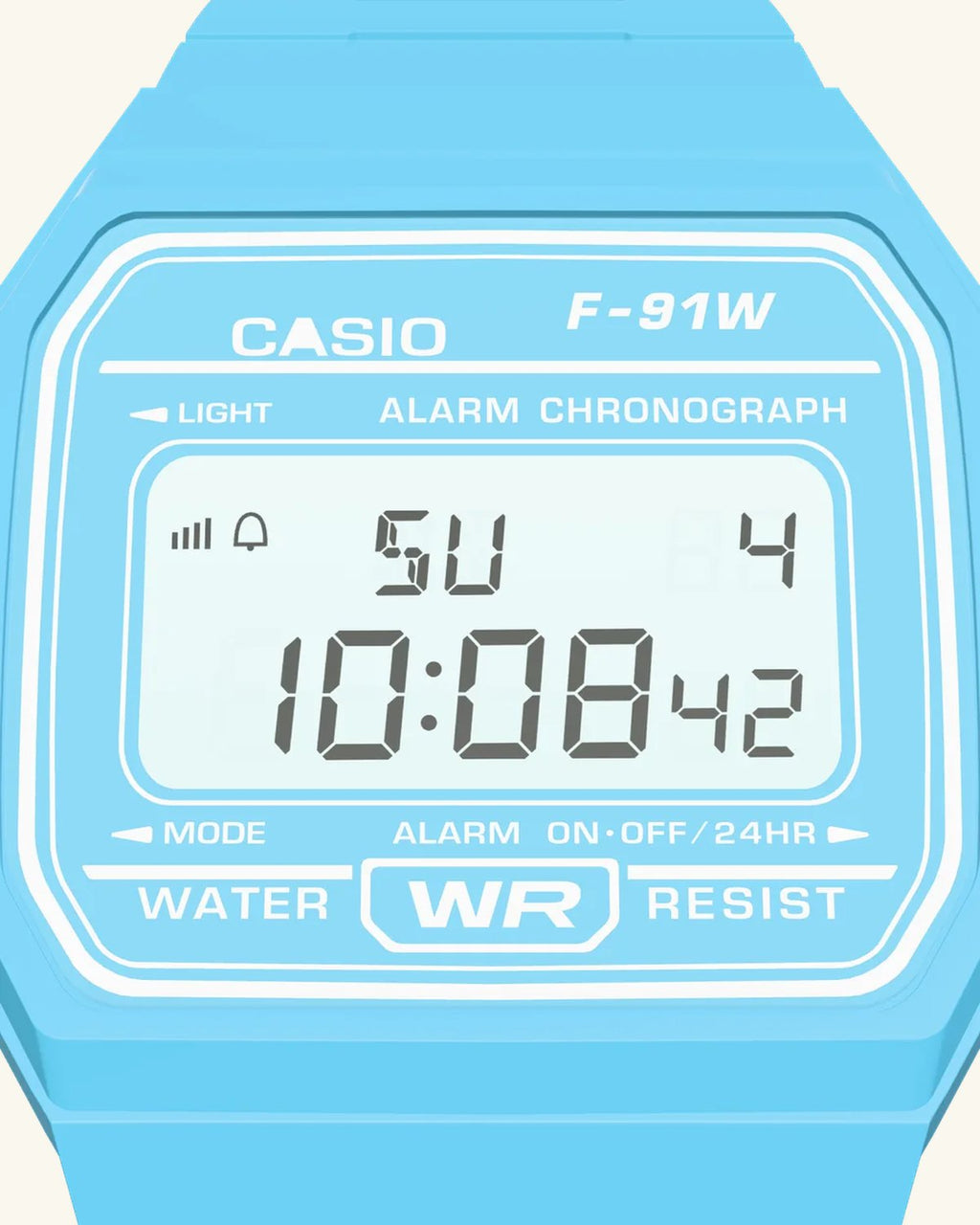 Casio F-91WC-2 Sky Blue, display close-up