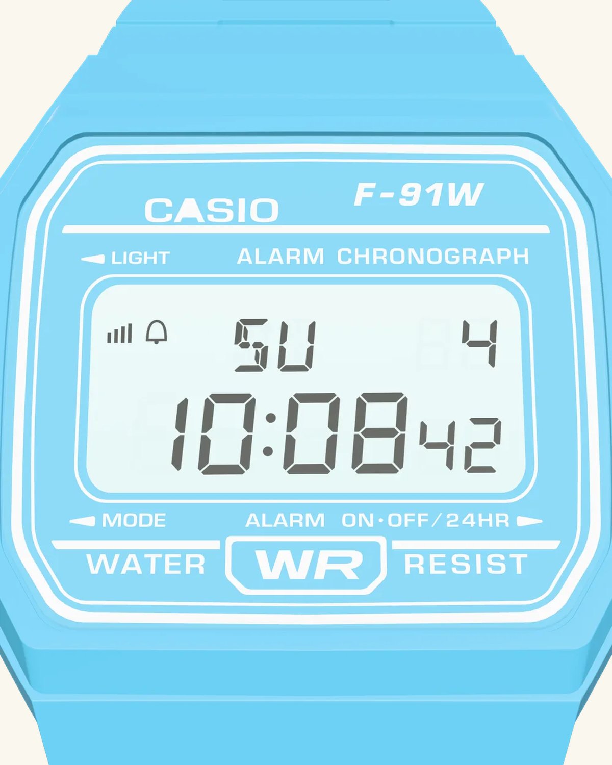 Casio F-91WC-2 Sky Blue, display close-up