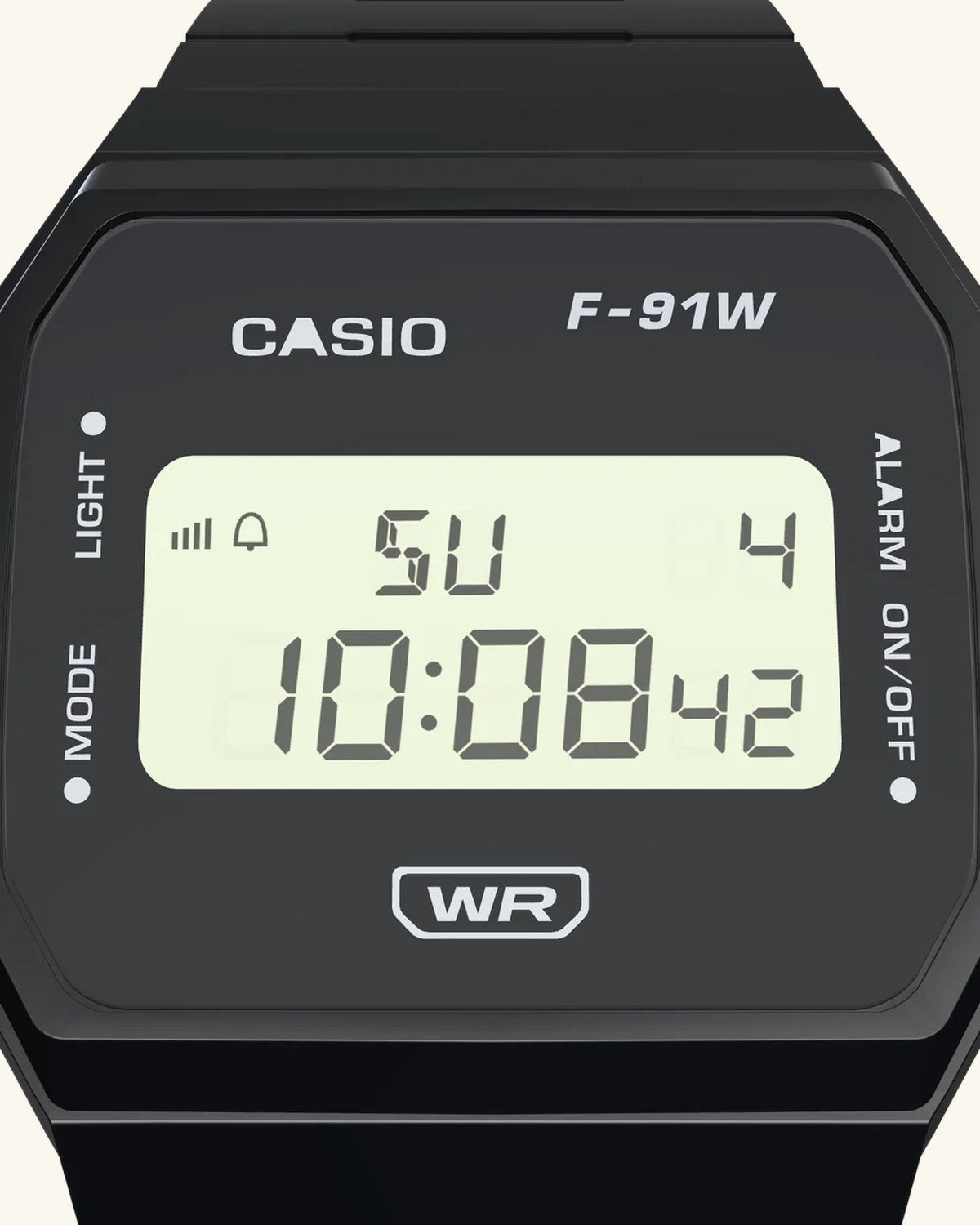 Casio F-91WB-1 Stealth Black, display close-up