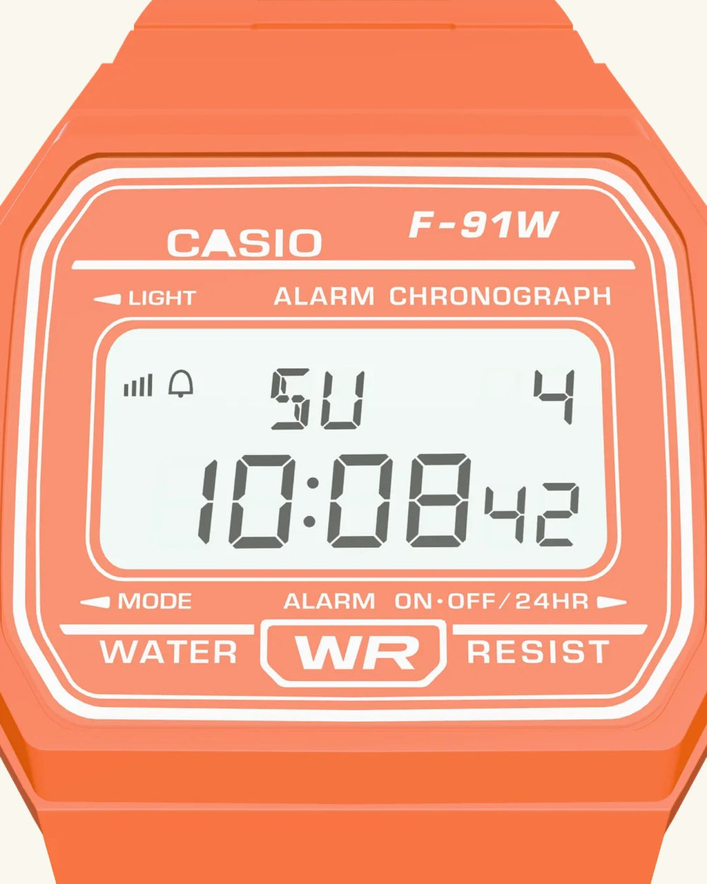 Casio F-91WC-4A2 Tangerine, display close-up