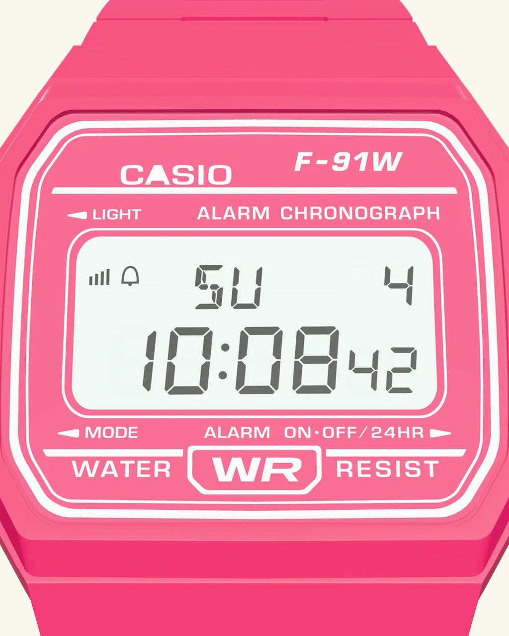 Casio F-91WC-4 Hot Pink, display close-up