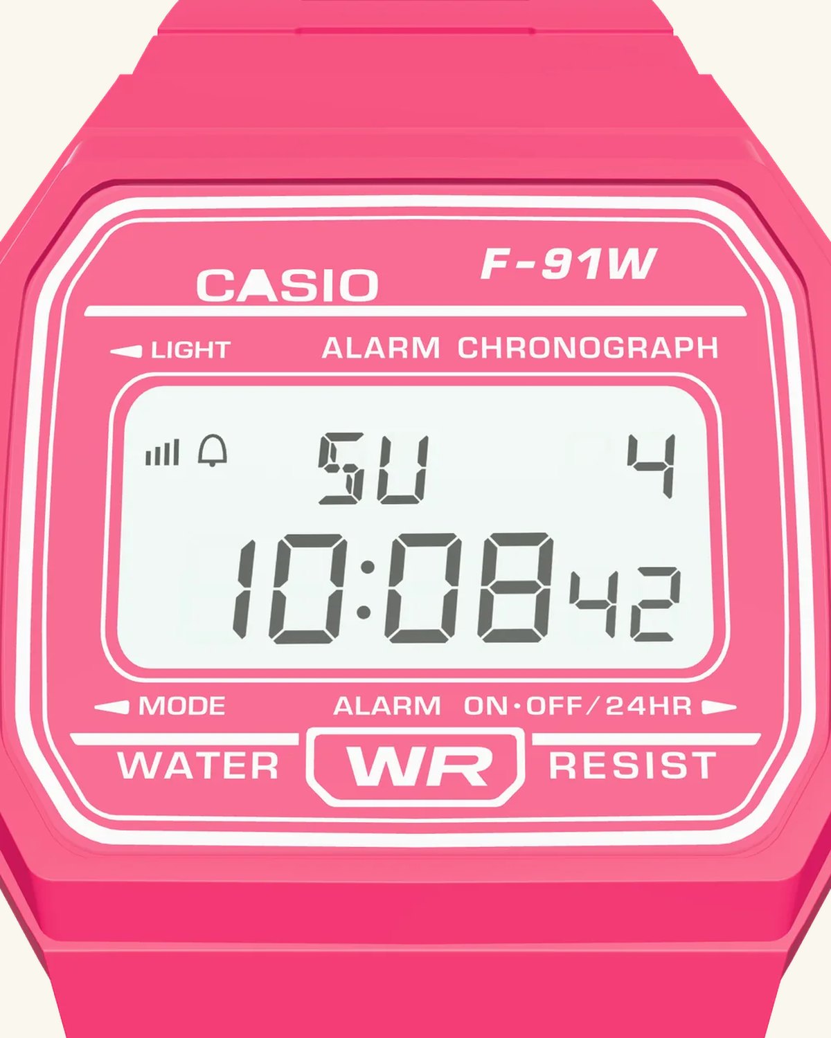 Casio F-91WC-4 Hot Pink, display close-up