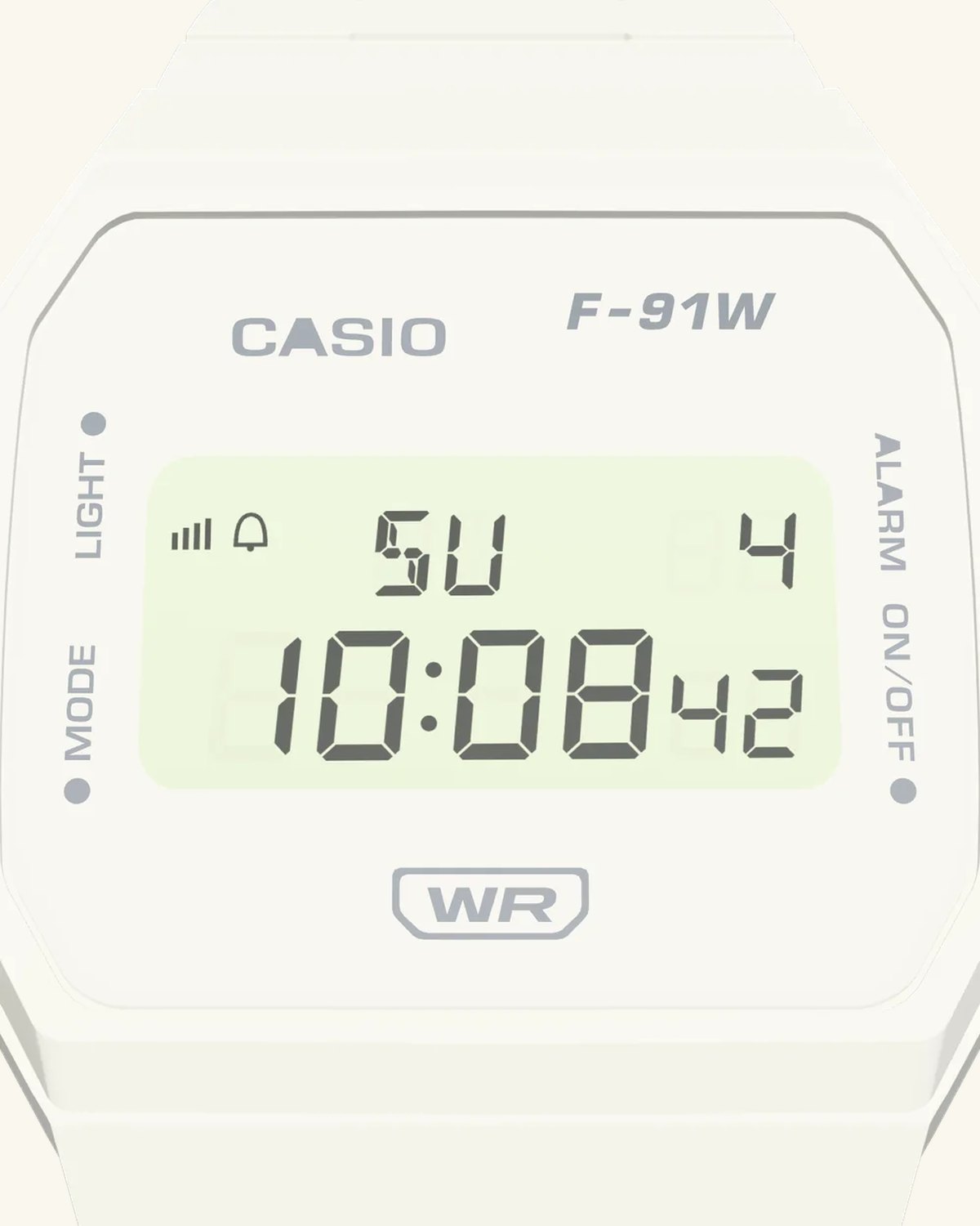 Casio F-91WB-7 Pure White, display close-up
