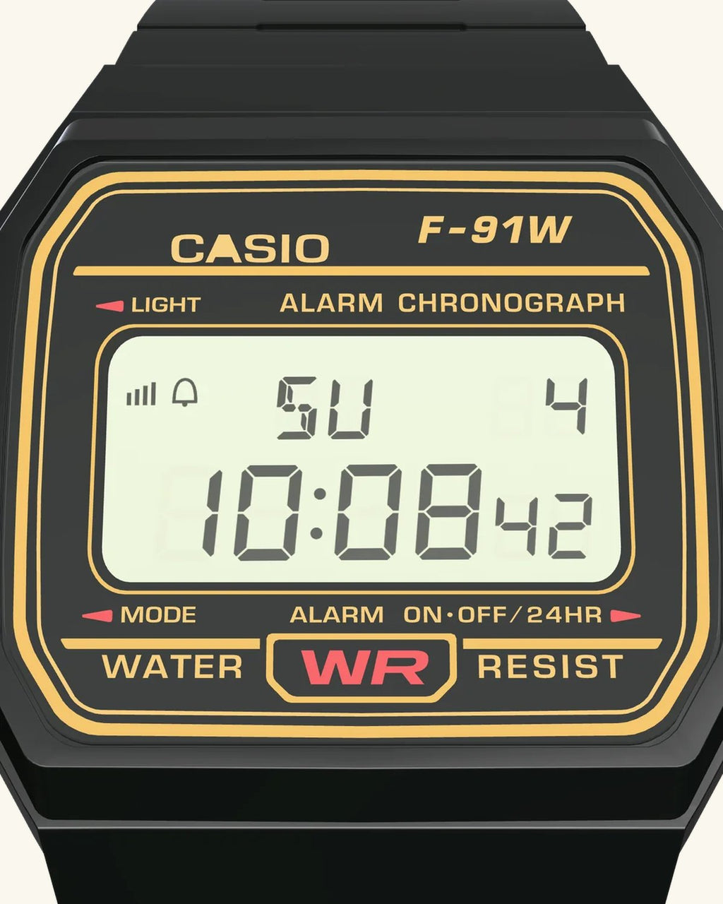 Casio F-91WG-9 Black & Gold, display close-up