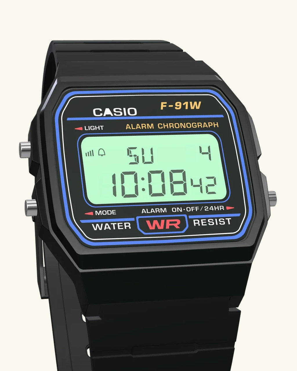 Casio F-91W-1 Classic Black, LED backlight on