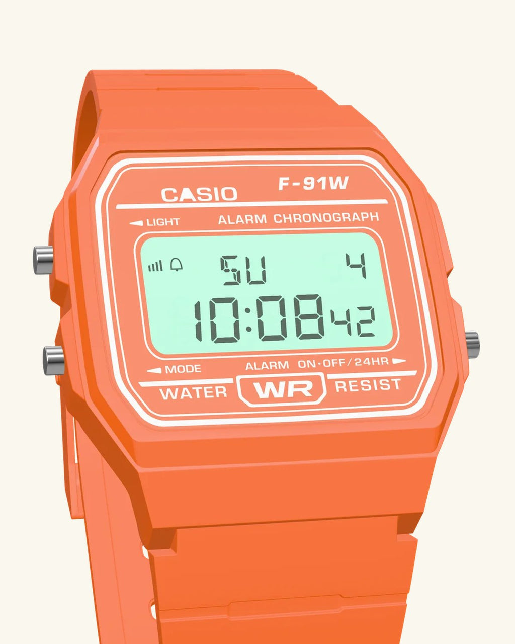 Casio F-91WC-4A2 Tangerine, LED backlight on