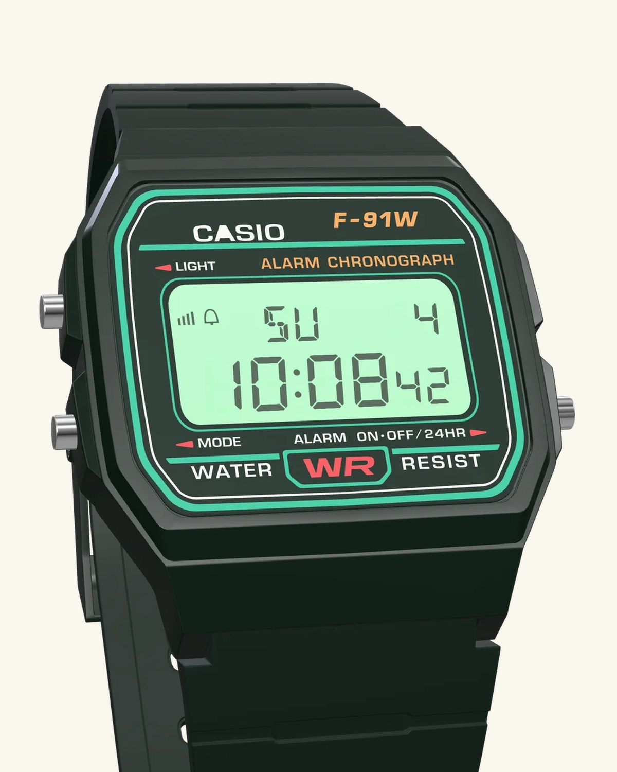 Casio F-91W-3 Deep Forest, LED backlight on